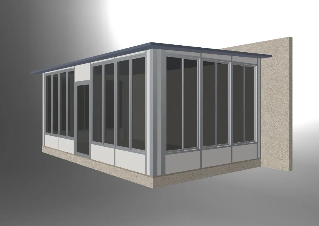 Corner view of a glazed sunroom with grey framing and a dark roof