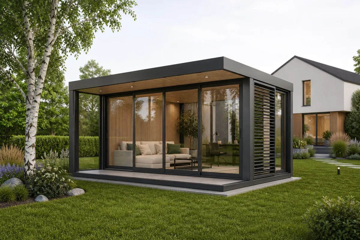 Garden studio with full-height glass walls and wood-tone framing beside a house