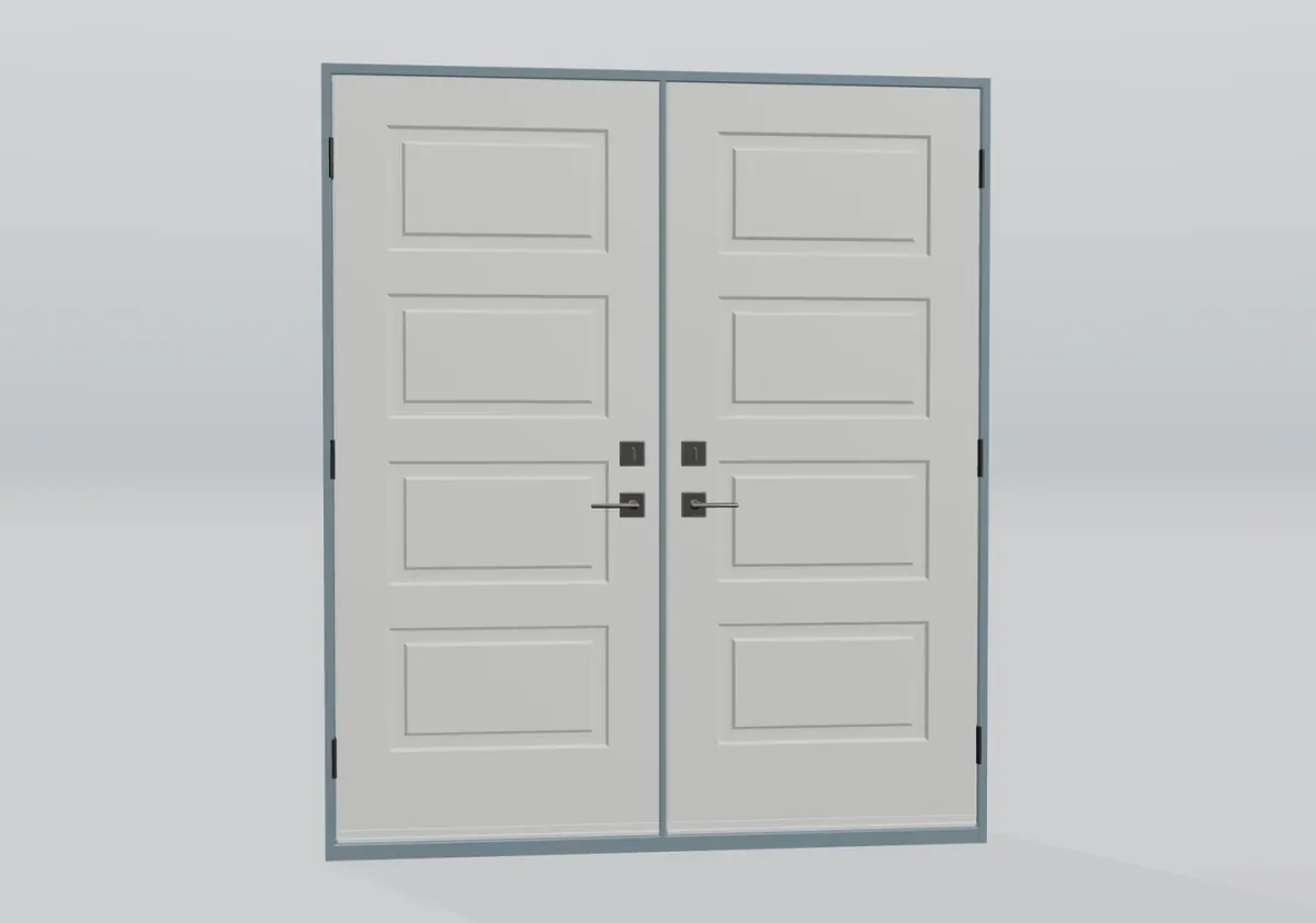 White four-panel double doors with lever handles in a 3D product view