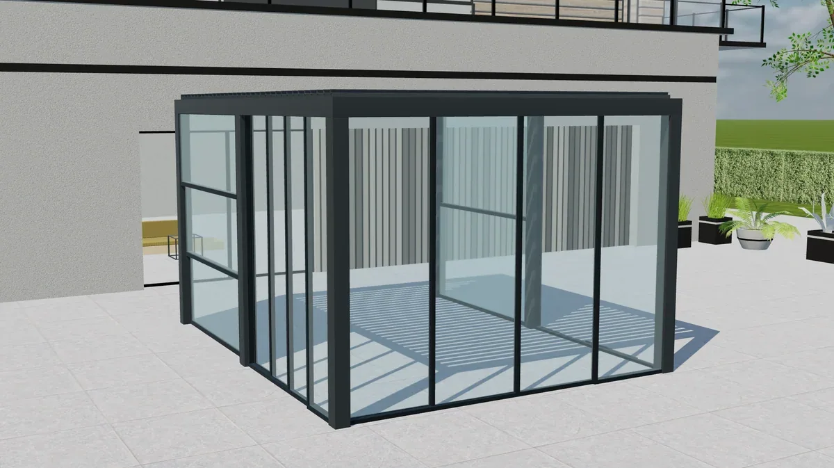 Tenteks Italia louvered pergola with glass panels in a 3D view