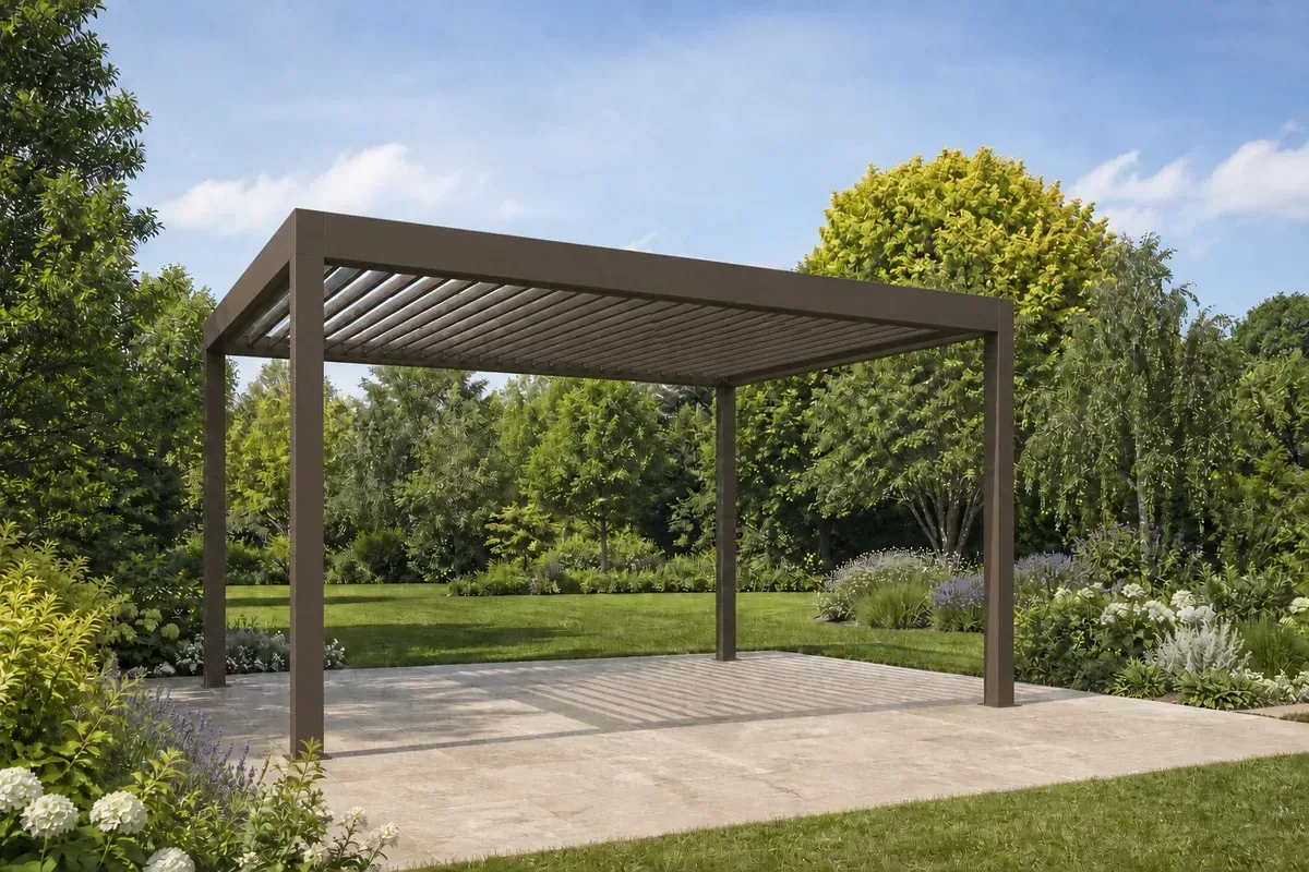 Bronze pergola shown in a garden product preview