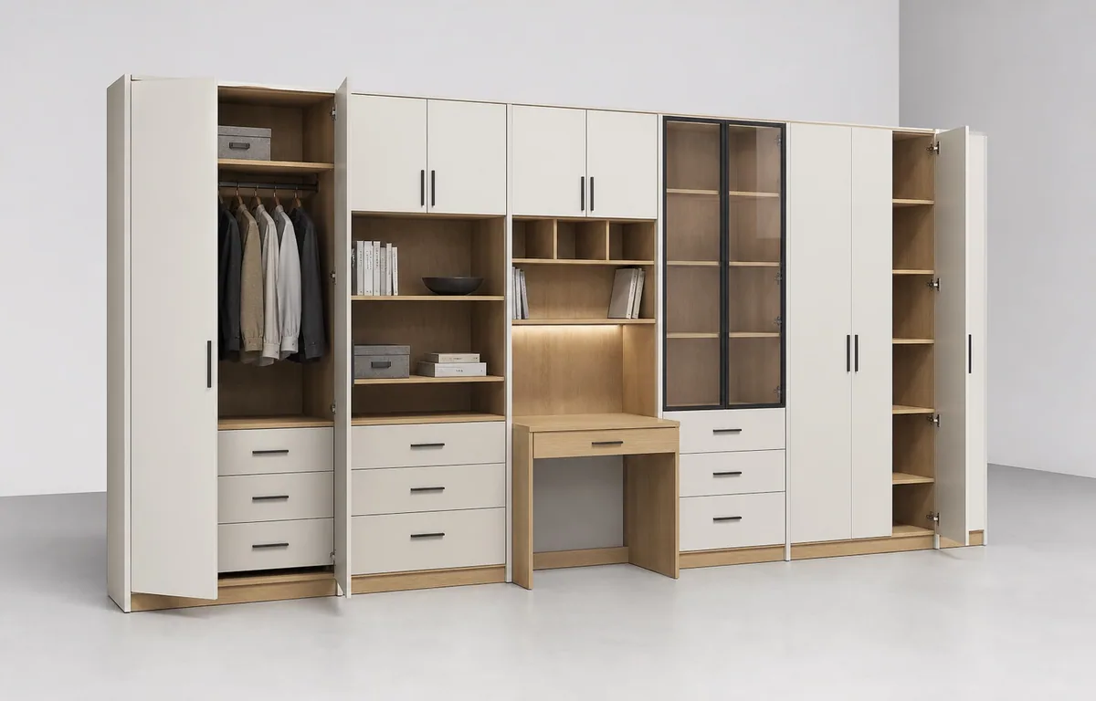 Open modular wardrobe cabinets with hanging rails, drawers and shelves in a 3D view
