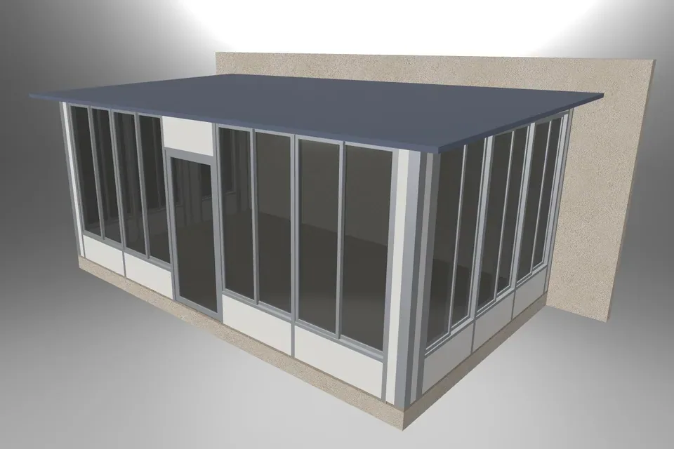 Perspective view of a sunroom roof and surrounding glazed panels