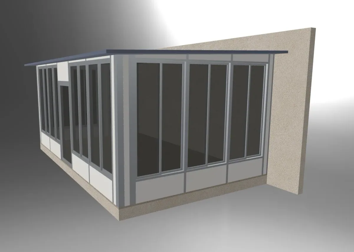 Sunroom side view showing glazed panels and grey framing