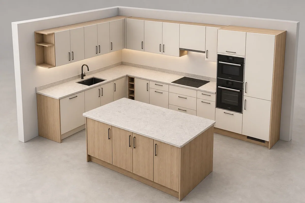 L-shaped light-wood and white kitchen with an island in a 3D product view