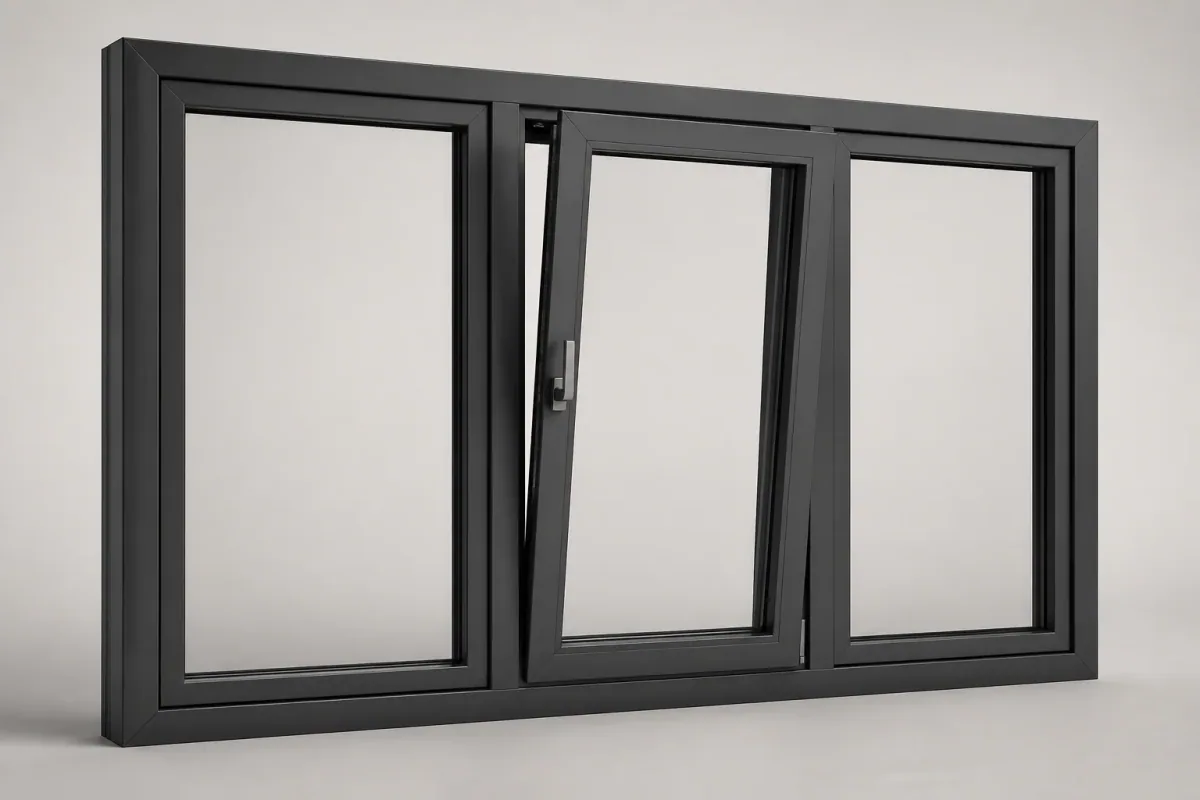 Three-panel window with a dark frame and a central opening sash