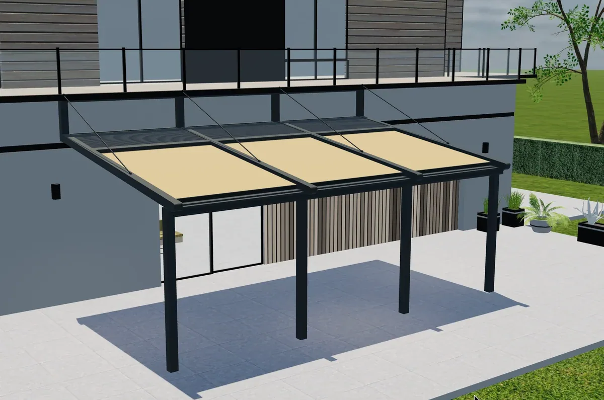 Wall-mounted Tenteks Italia pergola with a fabric roof in a 3D view