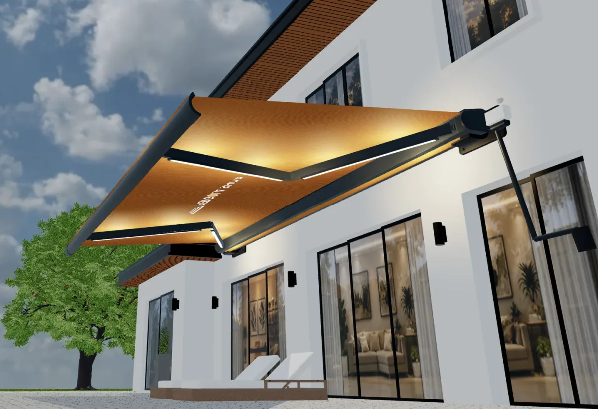 Extended orange awning with integrated lighting beneath the canopy