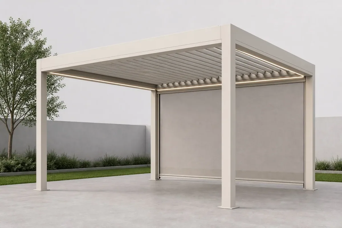White freestanding pergola with side panels beside a garden