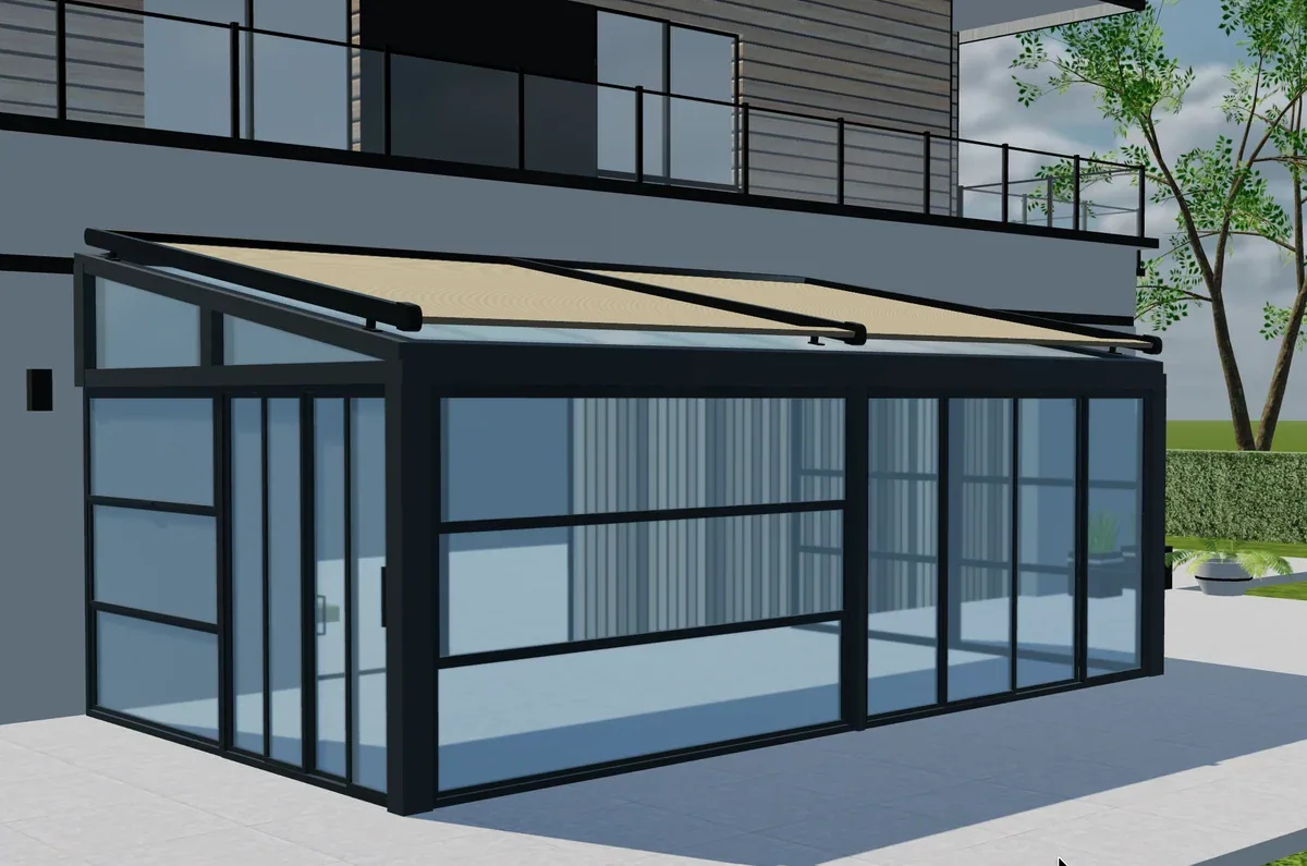 Tenteks Italia glazed garden room with a fabric roof in a 3D product view