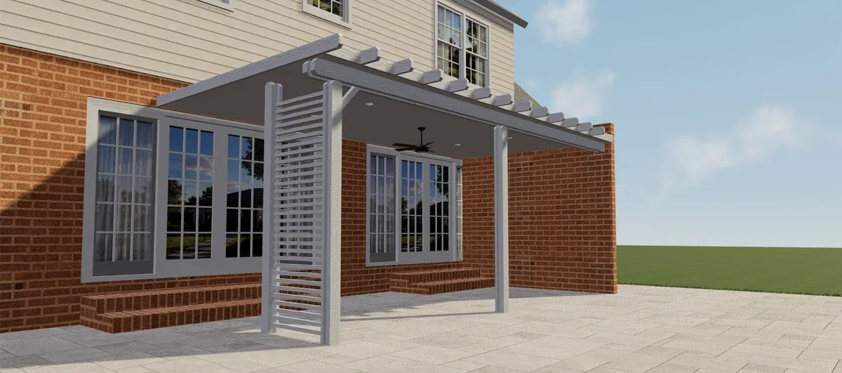 White Elite Aluminum covered pergola with a slatted side panel and ceiling fan