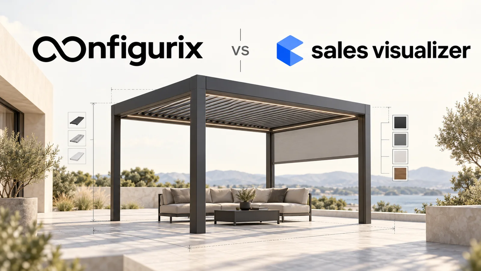 Configurix and Sales Visualizer logos above a bioclimatic pergola model