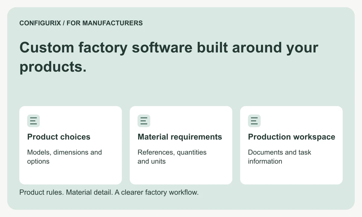 Configurix manufacturer guide to custom factory software for manufacturers, covering product choices, material requirements and production workspace.