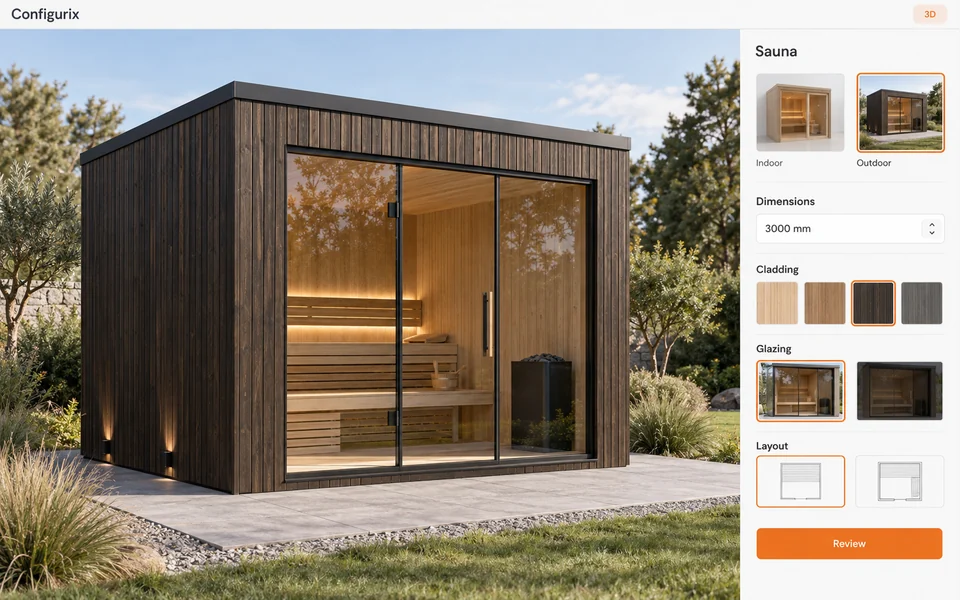 3D view of a configurable sauna used to explain Nordic countries: sauna and modular-product configurators, custom software and rollout.