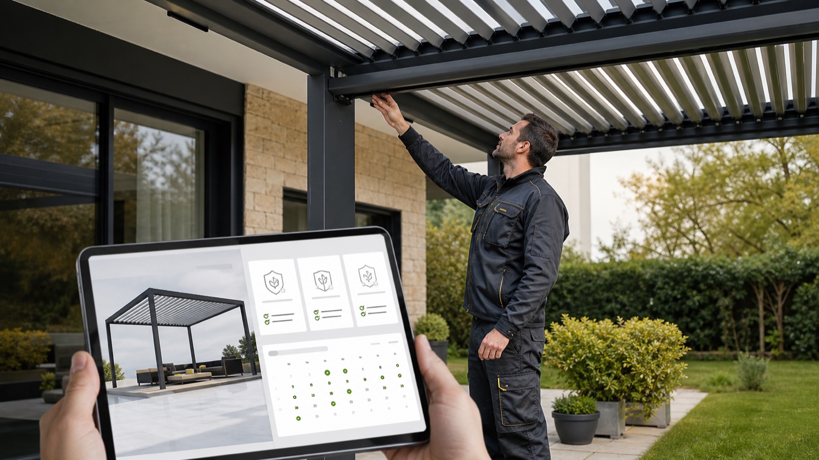 Pergola technician inspecting a louvered roof beside recurring maintenance plan options