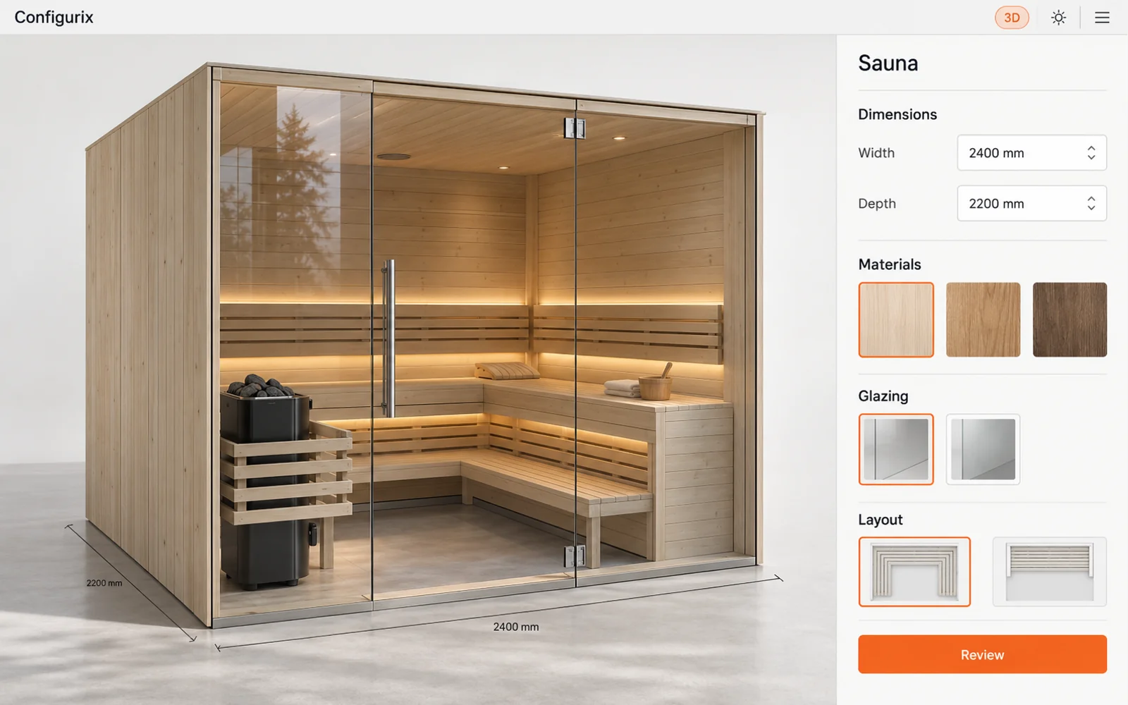 Sauna configurator illustration with a timber cabin, glass front, bench layout and material selection controls