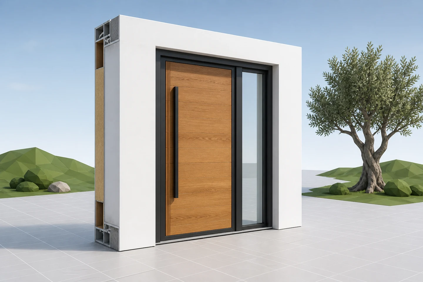3D view of a configurable door used to explain North America: building-product configurators, custom software and rollout.