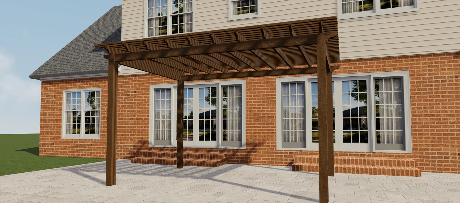Front view of a brown wood-look pergola with an open slatted roof in a 3D patio scene.