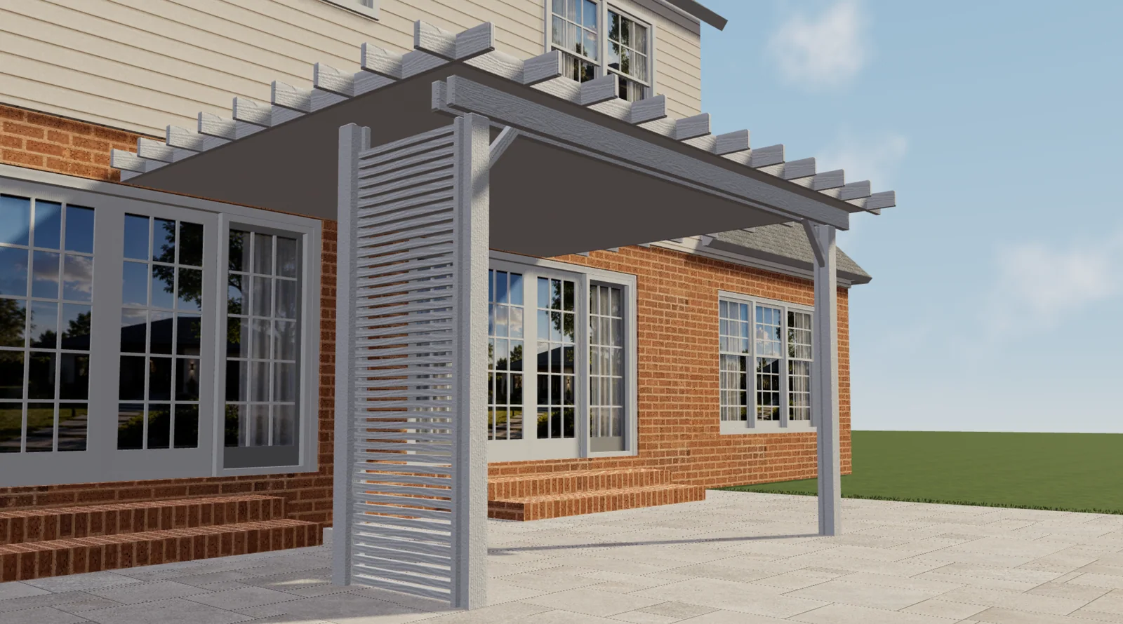 Elite Aluminum white pergola with a slatted side panel in a Configurix 3D product view