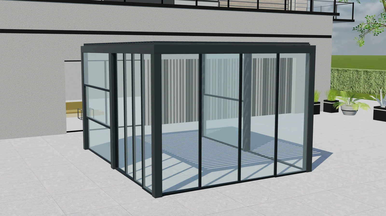 Tenteks Italia louvred pergola with sliding glass panels in a Configurix 3D product view