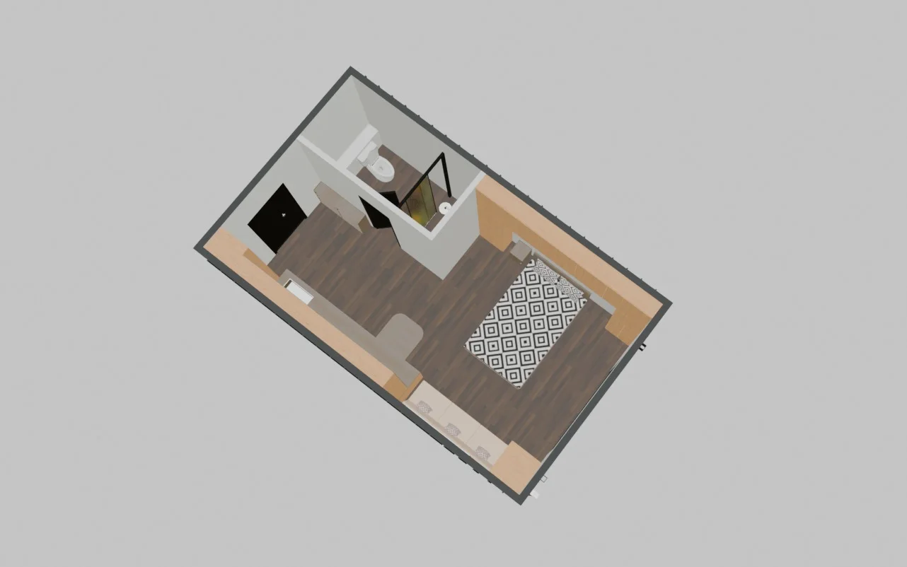 Oblique 3D floor plan for a compact modular home with bedroom and bathroom