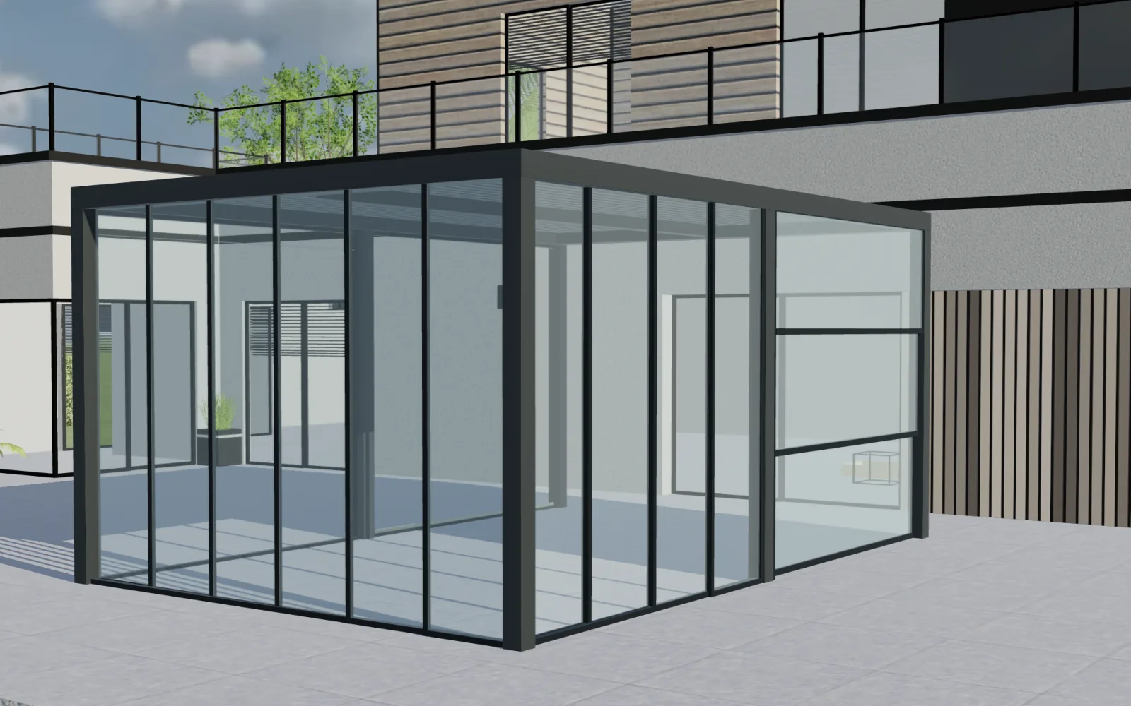Freestanding anthracite pergola with glass enclosure in Configurix