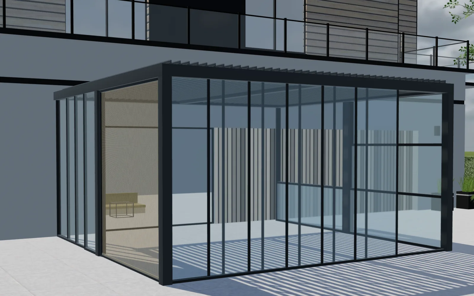 Pergola configuration with an anthracite frame and sliding-glass side layout shown in the Configurix 3D model.